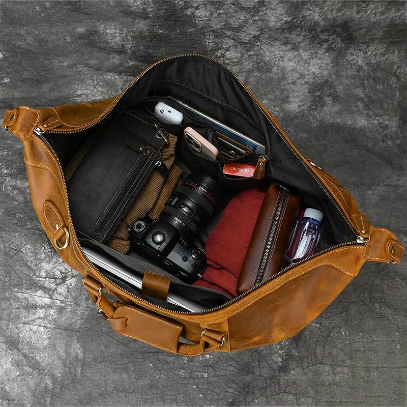 100% Genuine Crazy Horse Leather Travel Duffel Bag Rivet Design - VacationGrabs