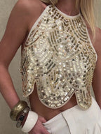 VacationGrabs Womens Halter Sequin Tank Top Backless Tie Up Sexy Sparkly Crop Top Sleeveless Glitter Party Tops Sexy Clubwear