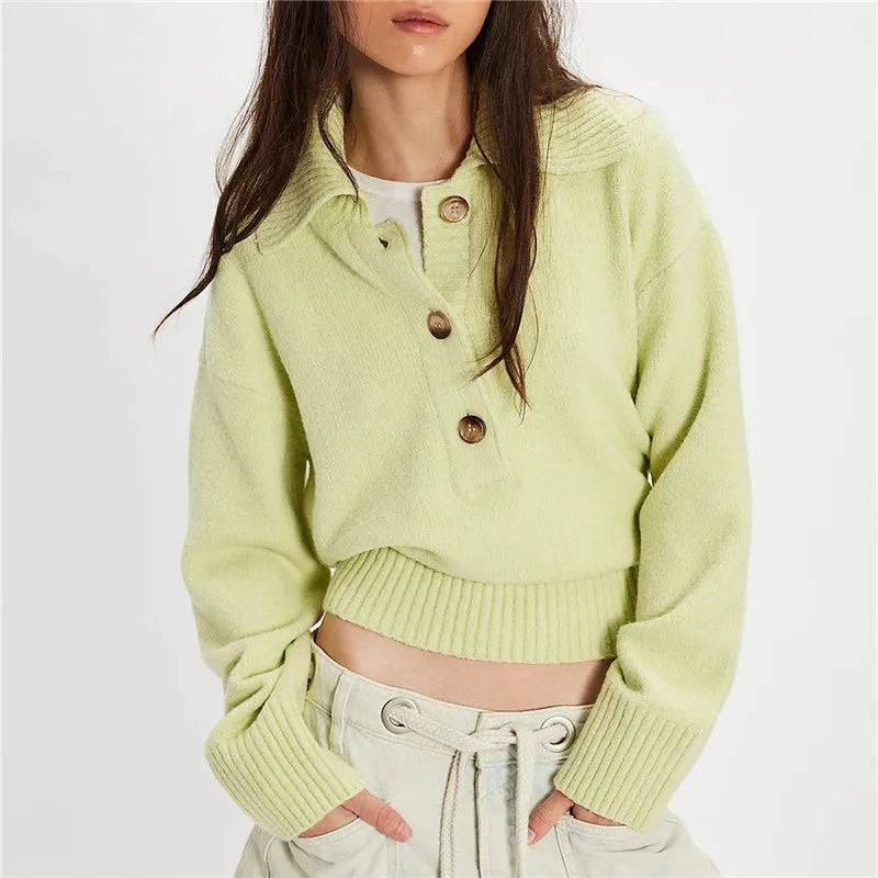 VacationGrabs Boho Women Sweater Long Sleeve Oversized Button Collared Pullover Lapel V Neck Knitted Jumper Tops Winter Fall Knitwear