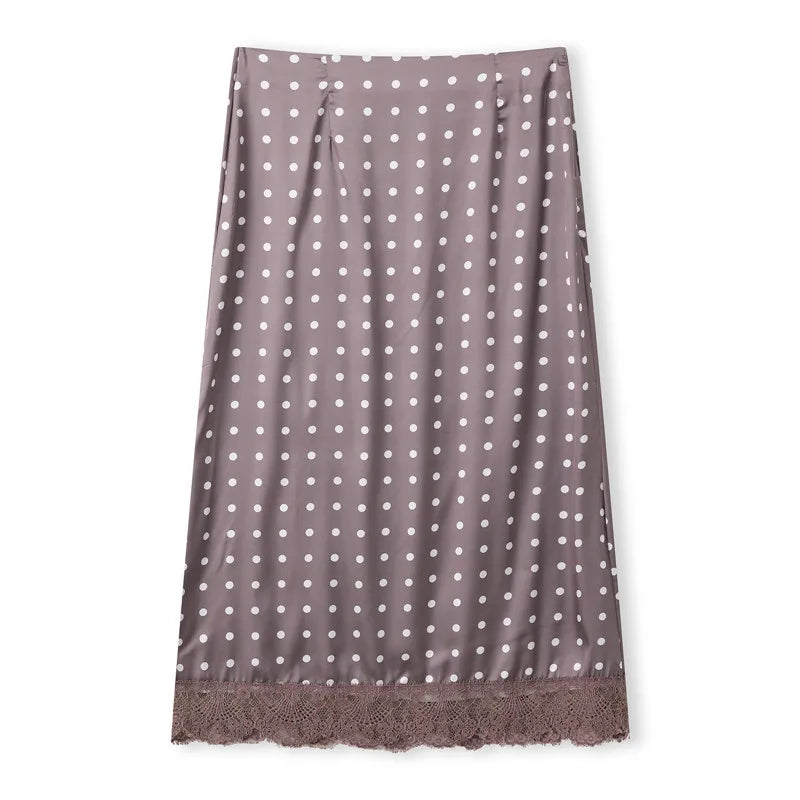 VacationGrabs Women Elegant Lace Satin Spliced Midi Skirts Sexy Dots Print High Waist Retro Casual Straight Midi Skirts Y2K Streetwear