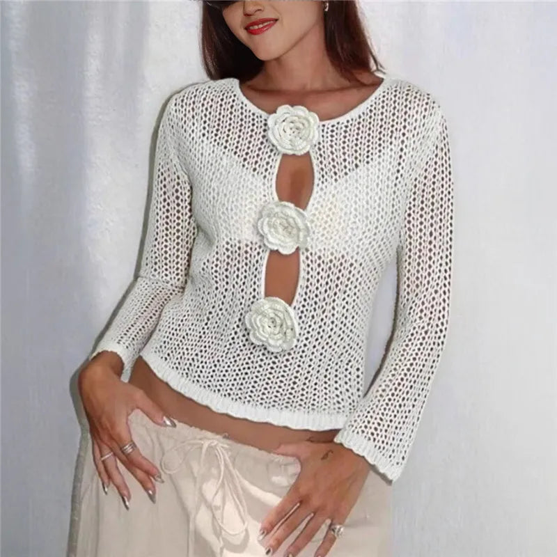 VacationGrabs 3D Floral Crochet Mesh Top Women Hollow See Through Flare Sleeve Keyhole Rose Button Cropped Knit Blouse Travel Dating