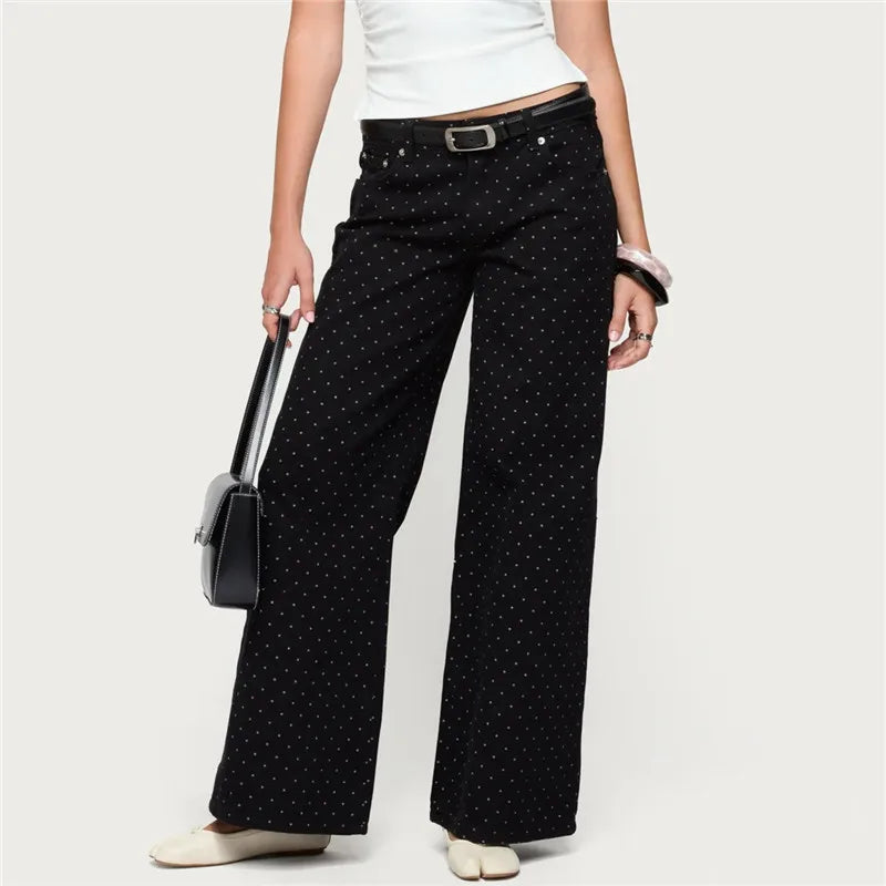 VacationGrabs Y2K Polka Dot Jeans Women Vintage Stretch Wide Leg Denim Pants Casual Distressed Baggy Boyfriend Jeans with Pockets