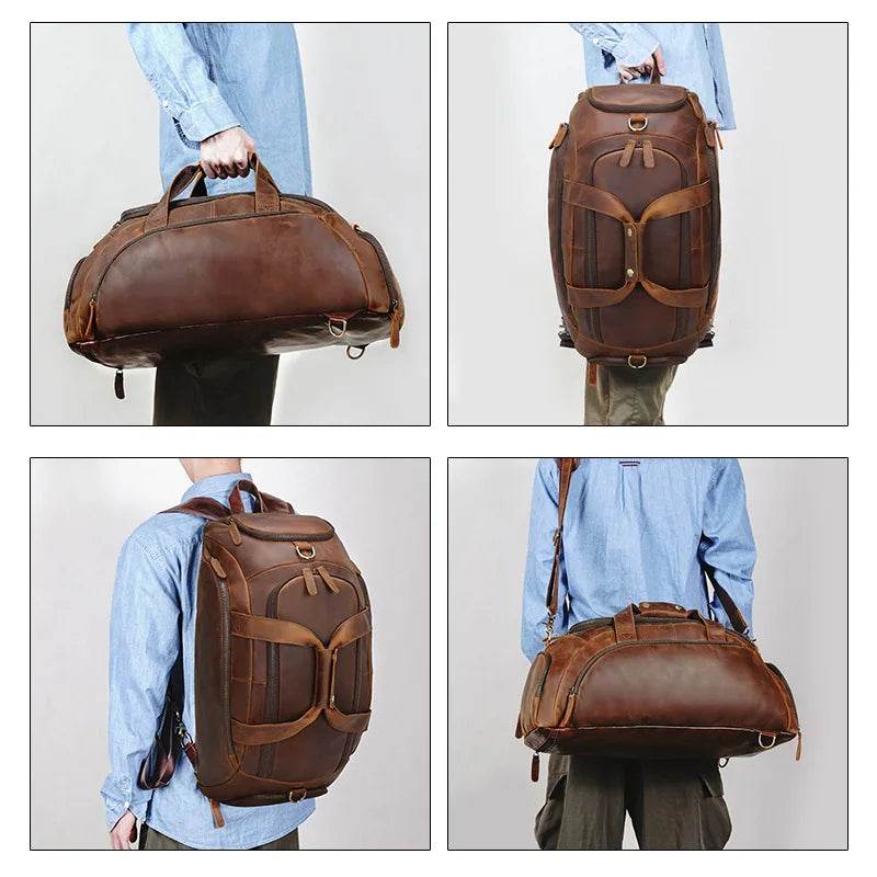 Crazy Horse Leather Travel Handbag Sling Bag Overnight Duffle - VacationGrabs