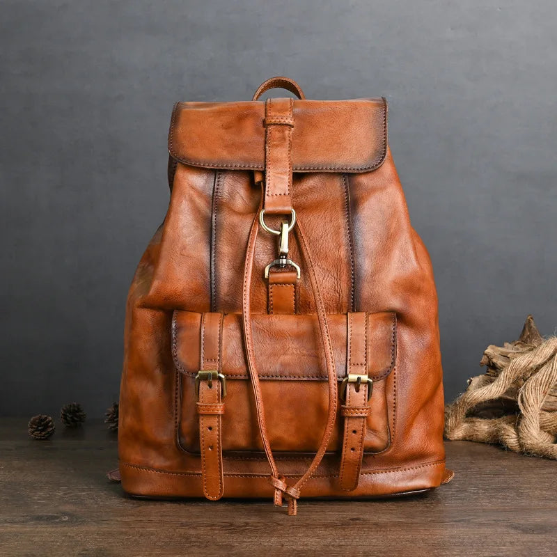 USB Charging Leather Backpack for Men 15.6" Laptop