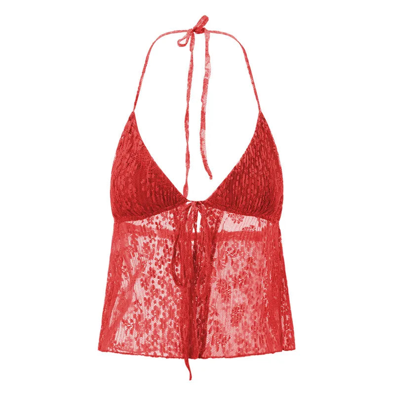 VacationGrabs Summer Women Y2K Lace Shirt Sexy Halter Neck Deep V Neck Crop Top Tie Front Sleeveless Strappy Cami Shirt Streetwear