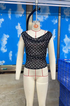 VacationGrabs Summer Ladies Sheer Polka Dot Mesh Top Asymmetric Off Shoulder Ruched Sleeveless Blouse Casual Daily Summer Streetwear