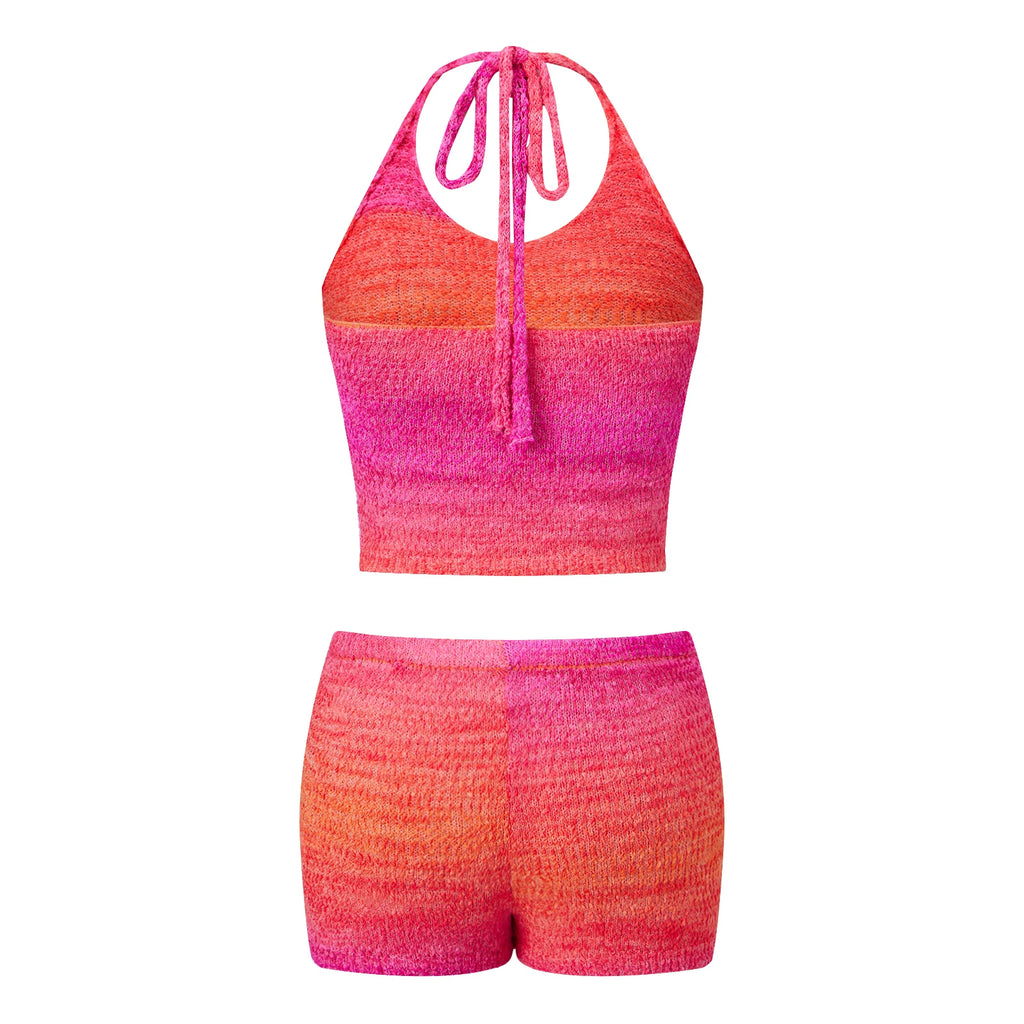 VacationGrabs Gradient Knit Halter Crop Top Scallop Shorts 2 Piece Set Women Summer Beach Casual Y2K Vacation Matching Outfit