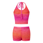 VacationGrabs Gradient Knit Halter Crop Top Scallop Shorts 2 Piece Set Women Summer Beach Casual Y2K Vacation Matching Outfit
