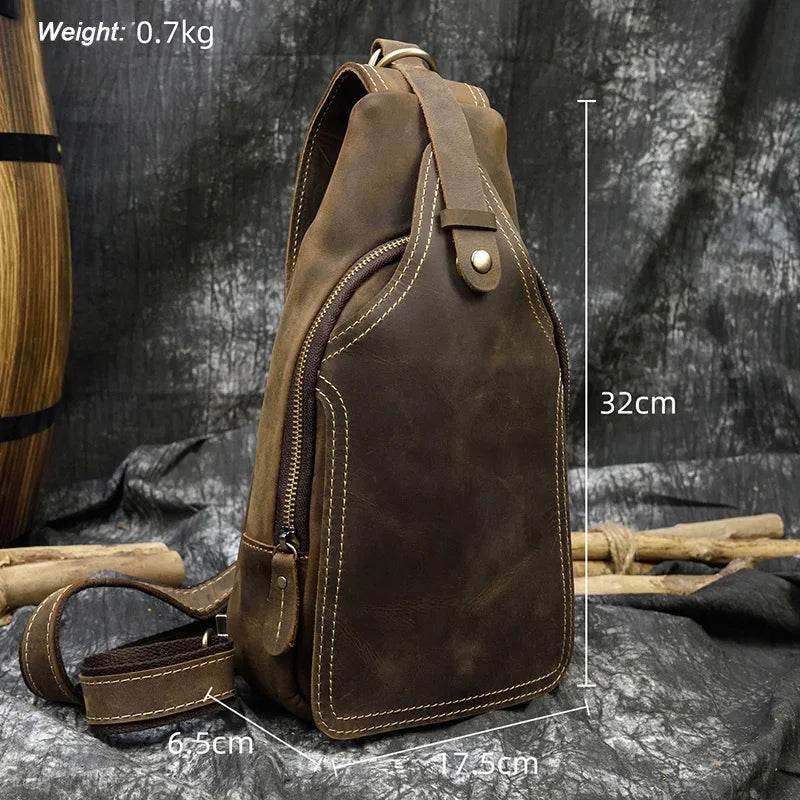 Crazy Horse Leather Men’s Chest Bag Top Layer Cowhide Sling - VacationGrabs