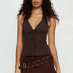 VacationGrabs Retro Pinstripe Halter Neck Crop Top Women Deep V Tie Front Button Down Sleeveless Slim Fit Y2K Tank Vest Streetwear