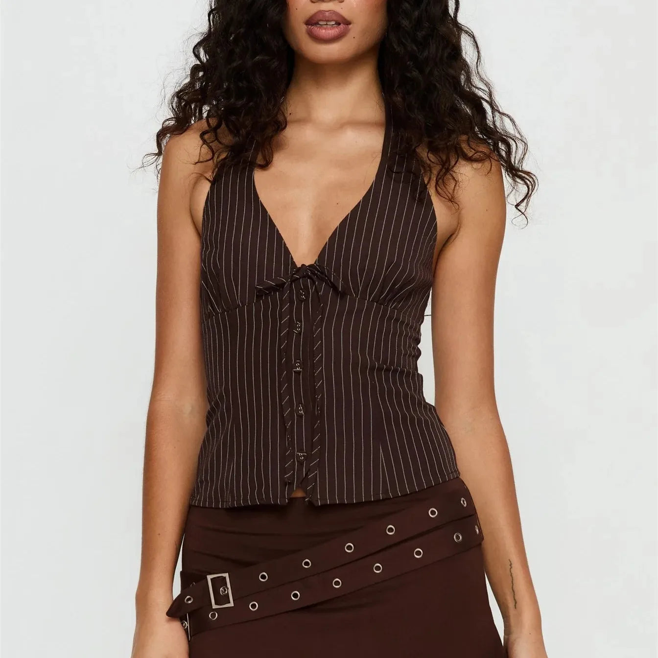 VacationGrabs Retro Pinstripe Halter Neck Crop Top Women Deep V Tie Front Button Down Sleeveless Slim Fit Y2K Tank Vest Streetwear