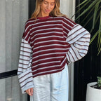 VacationGrabs Women Patchwork Striped Long Sleeve T‑Shirt Crew Neck Oversized Drop Shoulder Cropped Loose Casual Street Top
