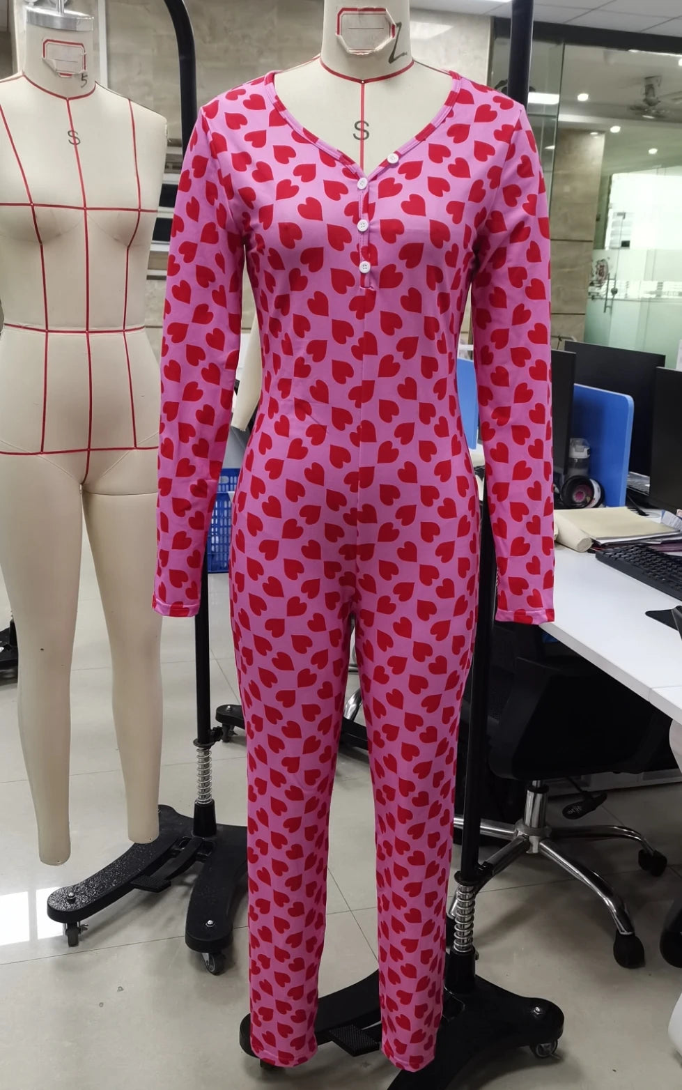 VacationGrabs Women Valentines Sexy Heart Print Long Sleeve Slim Fit Romper Pajamas Holiday Bodycon Button Up Jumpsuit Cute Pjs