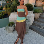 VacationGrabs Women Color Block Halter 2 Piece Set Lace‑Up Back Corset Top Asymmetrical Maxi Skirt Summer Party Beach Matching Outfit