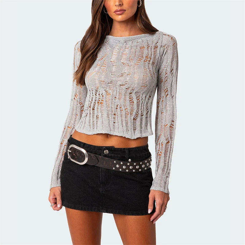 VacationGrabs Women Open Back Knit Top Hollow Out Ripped Sweaters Long Sleeve Distressed Sheer Backless Crochet Crop Tops Vintage