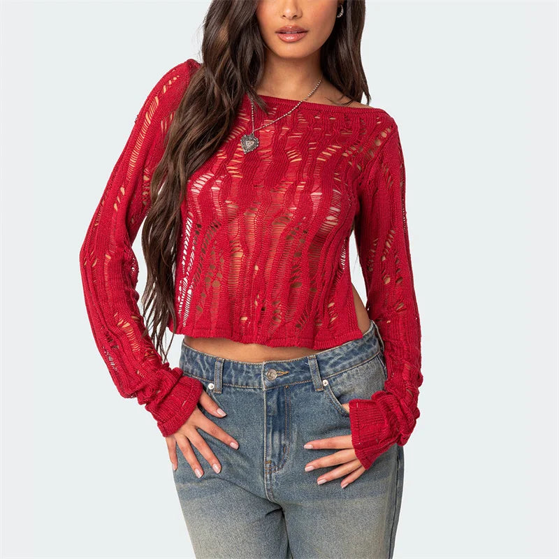 VacationGrabs Women Open Back Knit Top Hollow Out Ripped Sweaters Long Sleeve Distressed Sheer Backless Crochet Crop Tops Vintage