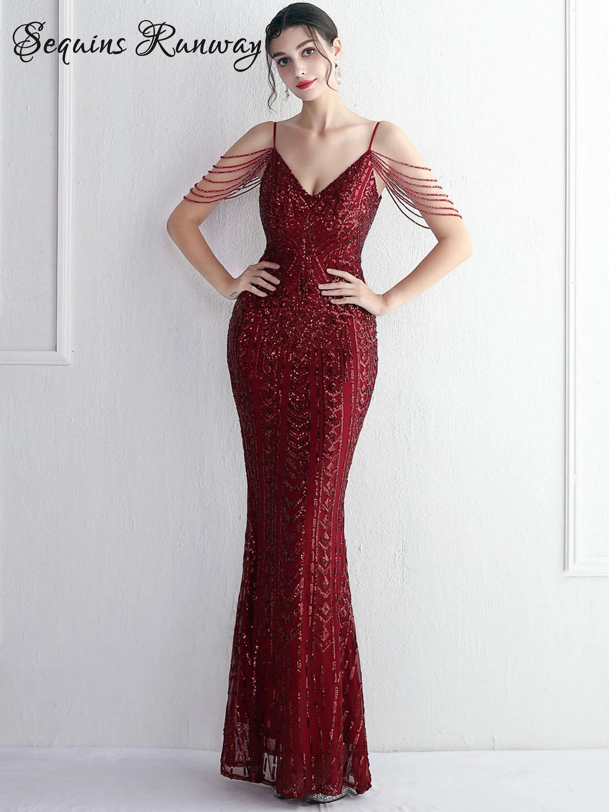 Sequin Maxi Slip Dress with V-Neck, Floor-Length Mermaid Cut