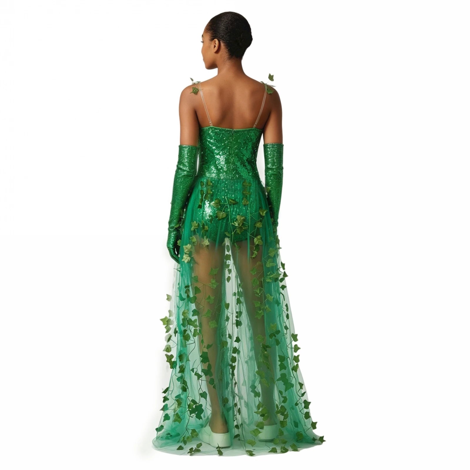 VacationGrabs Ivy Cosplay Outfit Women Sequin Bodysuit Ivy Leaf Tulle Train Long Gloves Halloween Party Carnival Fancy Dress Costume