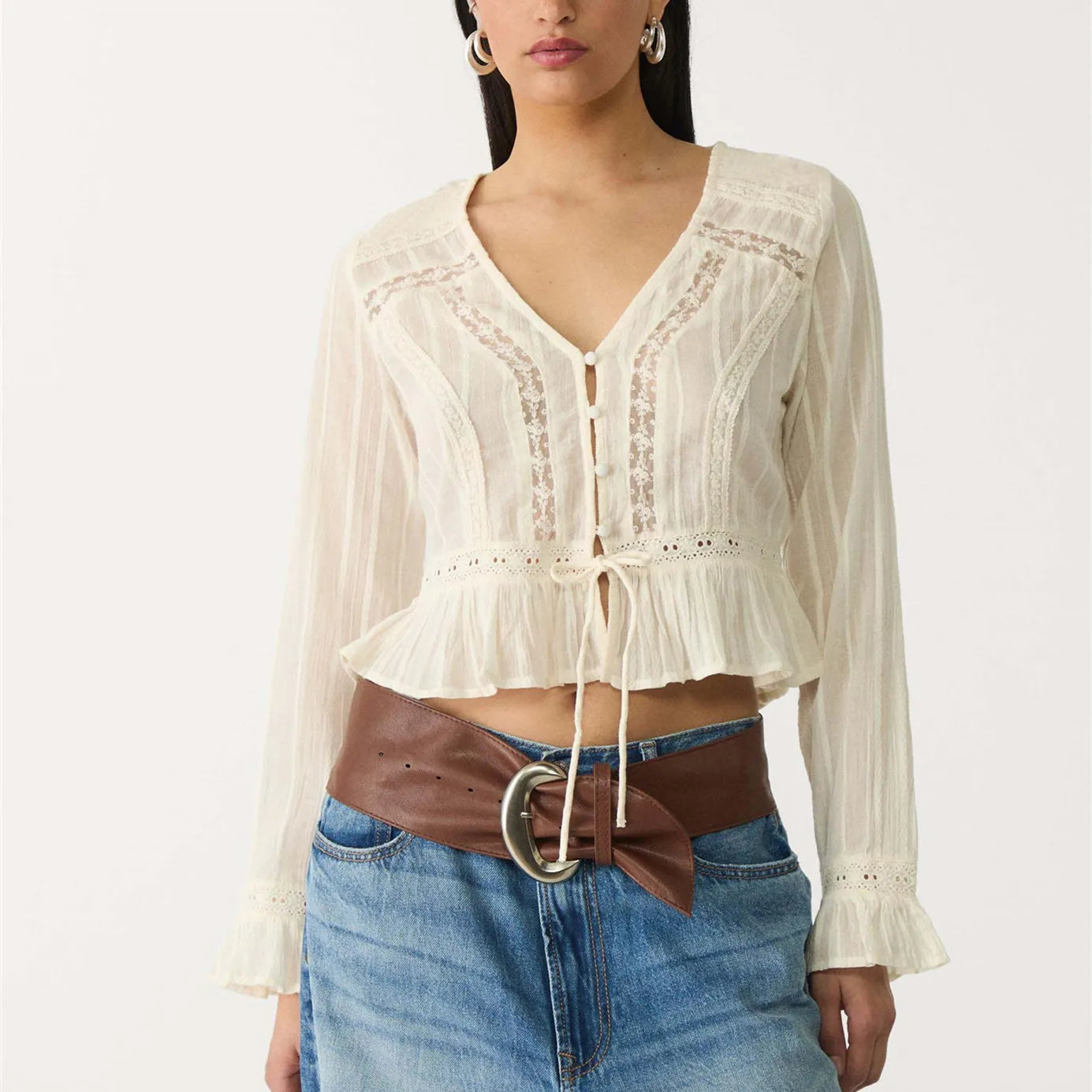 Women's Y2K Fairy Long Sleeve V Neck Shirts Spring Fall Lace Patchwork See-through Tie-up Front Button Up Blouse Crop Tops