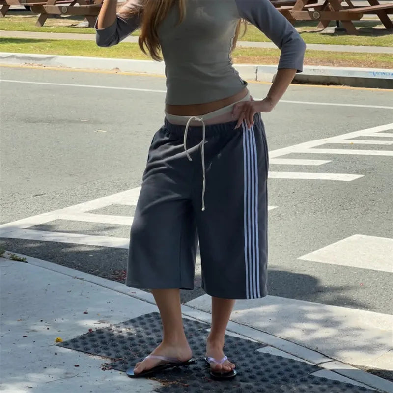 VacationGrabs Elastic Drawstring Waist Side Stripes Cropped Seven Pants Women Loose Wide Leg Sweat Jogger Casual Street Bottoms
