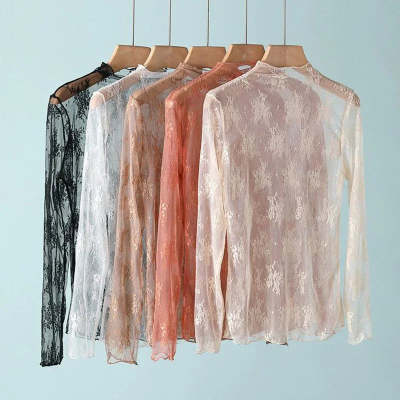 Floral Lace Layering Shirt Long Sleeve See Thru Mesh