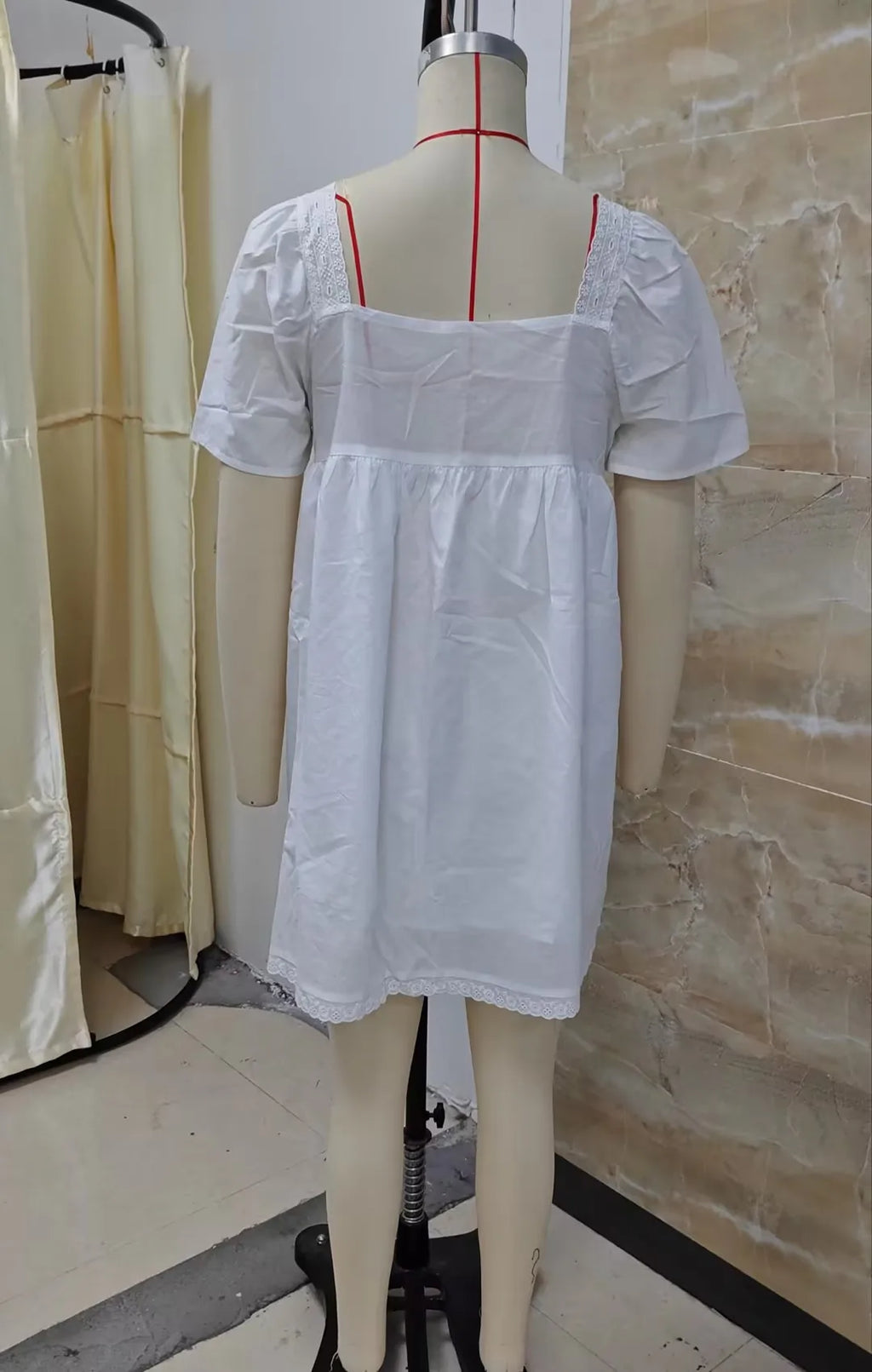 VacationGrabs Square Neck Eyelet Lace Mini Dress Women Flutter Short Sleeve Front Button Pleated Loose Babydoll Summer Vacation Dress