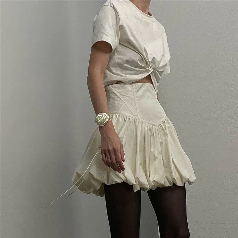 VacationGrabs Women Y2K Bubble Skirt Fashion Elastic Waist Pleated Ruffle Hem A Line Mini Skirt Girls Cute Short Puffy Balloon Skirt