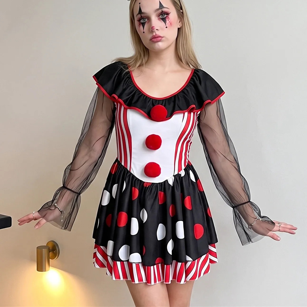 VacationGrabs Halloween Clown Cosplay Dress Women Mesh Long Sleeve Ruffle Neck Stripe Polka Dot A Line Short Dress Party  Club Costume