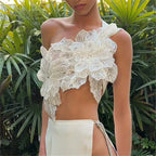 VacationGrabs Women Sexy Beach Vacation y2k Chic Skew Collar Tank Tops Sequin Flowers Lace Up Crop Tops Summer Lady Vacation Camisole