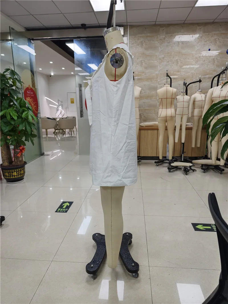 VacationGrabs Women Sleeveless A Line Mini Dress Ruffled Sailor Collar V Neck Bow Knot Loose Casual Summer Beach Vacation Short Dress