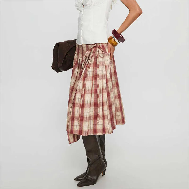 VacationGrabs Women Y2k Lace Up Ruffle Hem A Line Skirt Low Rise Plaid Midi Skirt Vintage Tie Up Gingham Tiered Skirt Streetwear