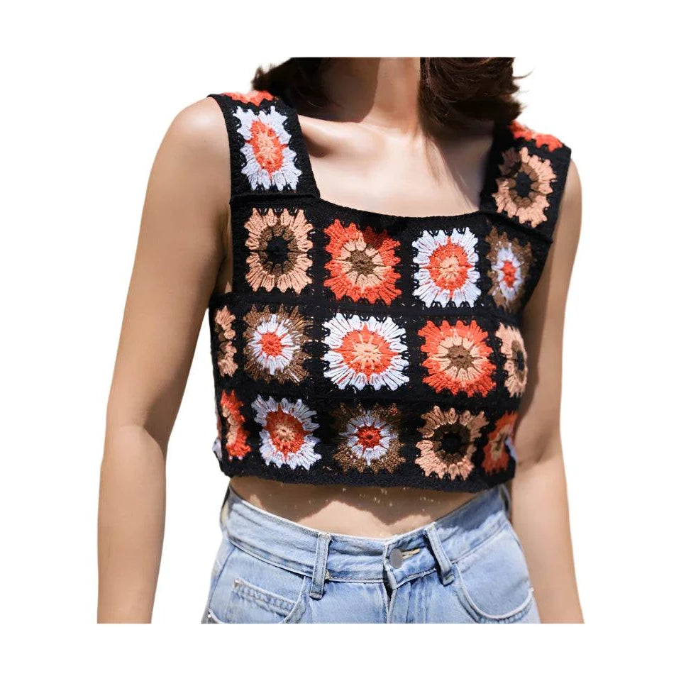 Granny Square Boho Crochet Knit Crop Top - VacationGrabs