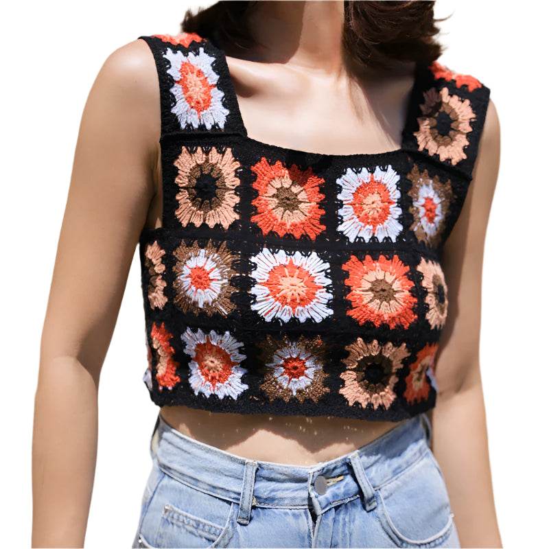 Granny Square Boho Crochet Knit Crop Top - VacationGrabs