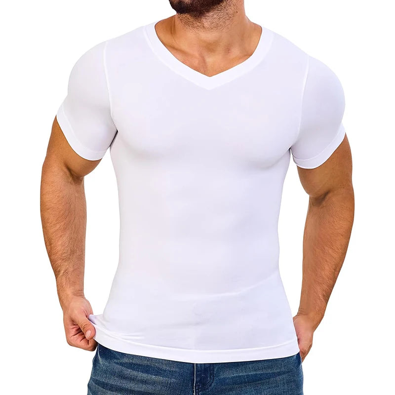 Mens Body Shaper Short Sleeved Compression Shirt V-Neck Slimming Undershirt Workout Abs Abdomen Tummy Control Quick Drying Tops