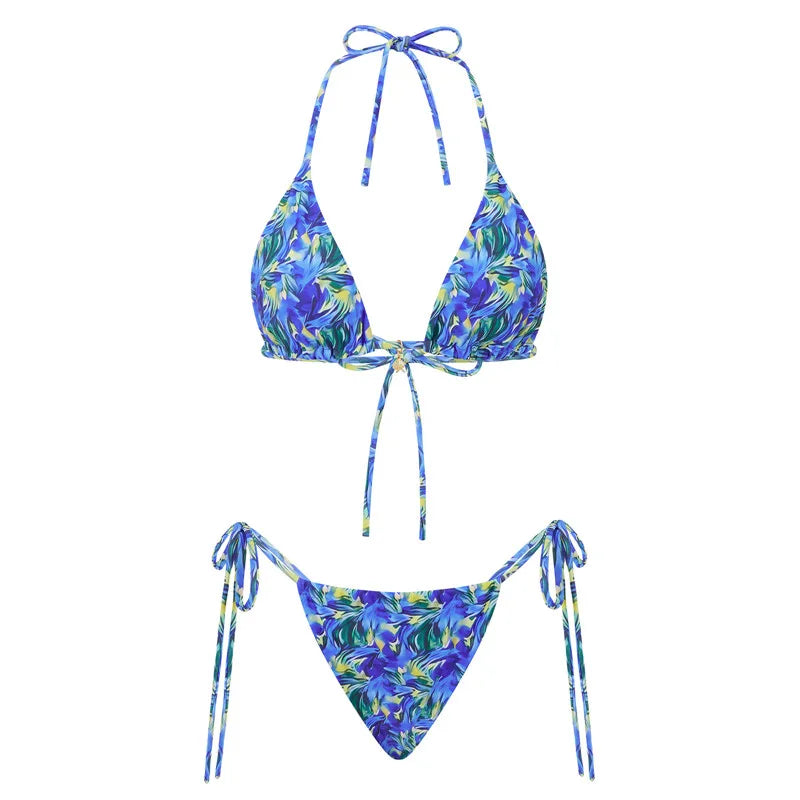 VacationGrabs Women 2 Pieces Bikini Swimsuit Spaghetti Strap Top Tie Side Triangle G-Thong Bathing Suit Beach Holiday Swimwear
