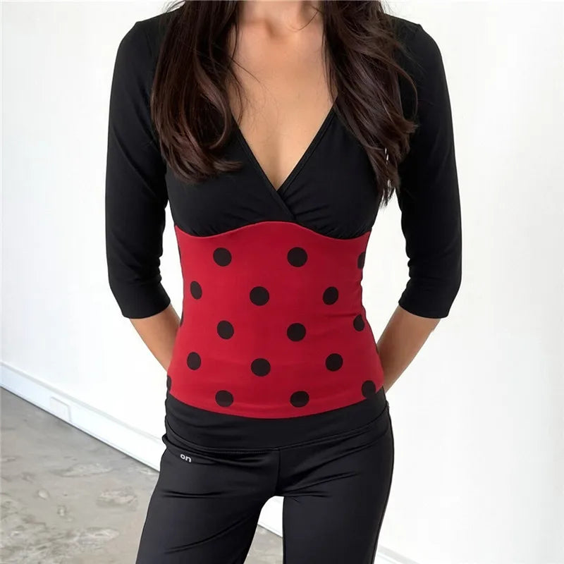 VacationGrabs Women V Neck 3/4 Sleeve Crop Top Polka Dot Ladybug Print Color Block Slim Fit Halloween Cosplay Party Short Top