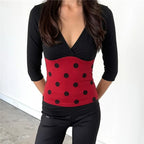 VacationGrabs Women V Neck 3/4 Sleeve Crop Top Polka Dot Ladybug Print Color Block Slim Fit Halloween Cosplay Party Short Top