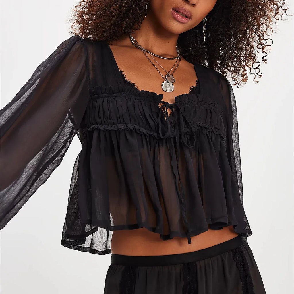 Ruffle Shirt Flowy Lace Long Sleeve Front Tie Chiffon Top Boho Embroidered Peasant Blouse Summer Bow Tie Front Tops for Women
