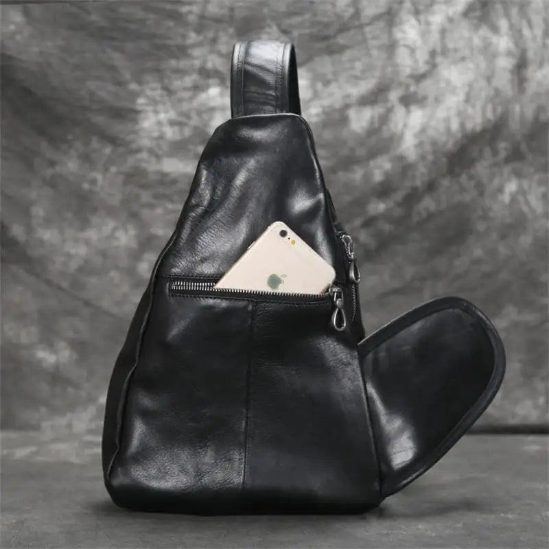 Genuine Leather Men Bag Chest Bag Single Shoulder Bag Leather Chest Pack Riding Bag Sports For Man Male Black Chest Backpack Bag