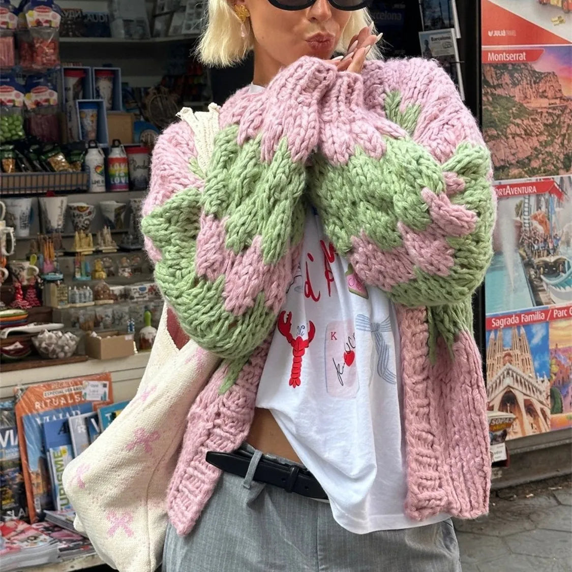 VacationGrabs Women Oversized Cardigan Sweaters Color Block Long Sleeve Chunky Knit Sweaters Coat Y2K Open Front Colorful Cardigans