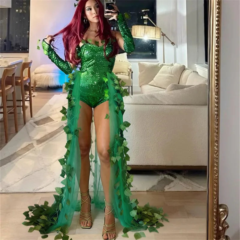 VacationGrabs Ivy Cosplay Outfit Women Sequin Bodysuit Ivy Leaf Tulle Train Long Gloves Halloween Party Carnival Fancy Dress Costume