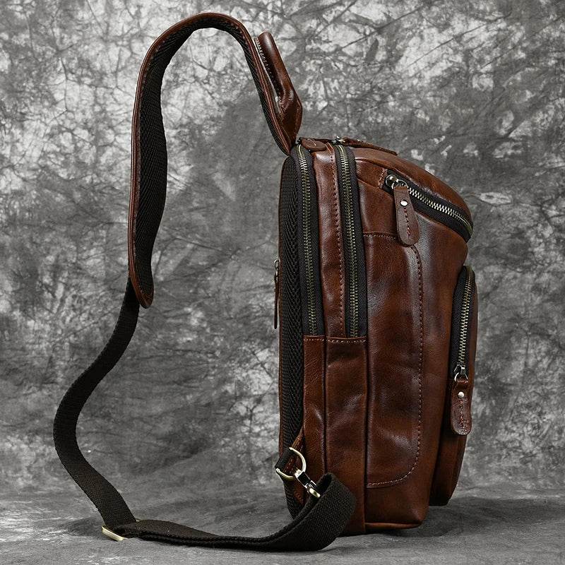 Natural Cowskin Leather Chest Pack Men Crossbody Sling Bag Large - VacationGrabs