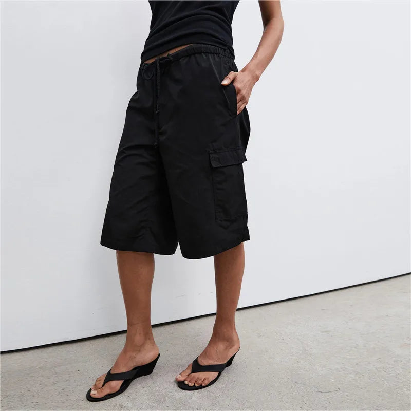 VacationGrabs Elastic Drawstring Cargo Bermuda Shorts Women Multi Pocket Loose Wide Leg Knee Length Baggy Capri Culottes Y2KStreetwear