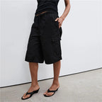 VacationGrabs Elastic Drawstring Cargo Bermuda Shorts Women Multi Pocket Loose Wide Leg Knee Length Baggy Capri Culottes Y2KStreetwear
