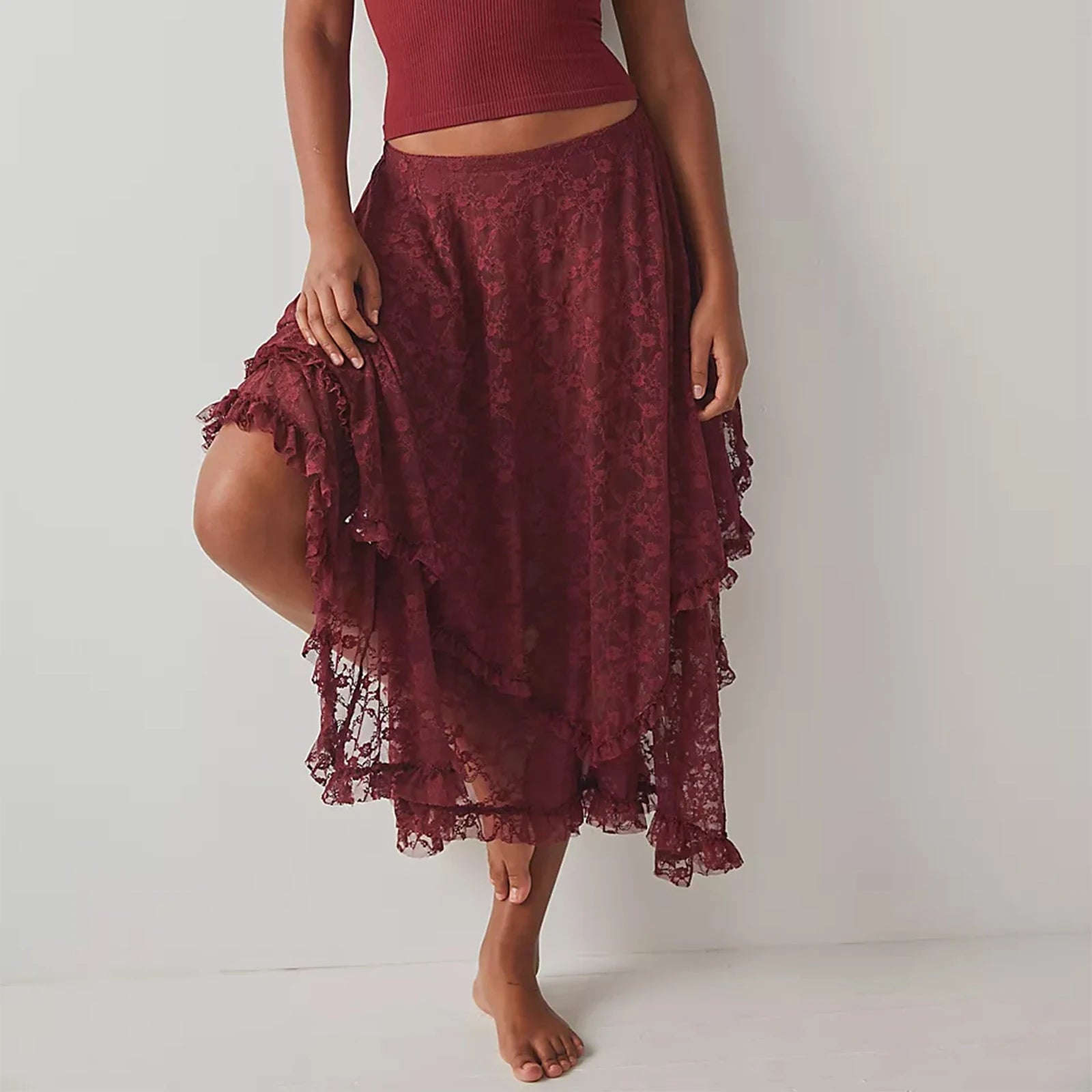 VacationGrabs Floral Lace Long Skirt for Women Y2K Elastic Waist Asymmetrical Layered Maxi Skirt Sexy See Through Flowy Beach Skirt