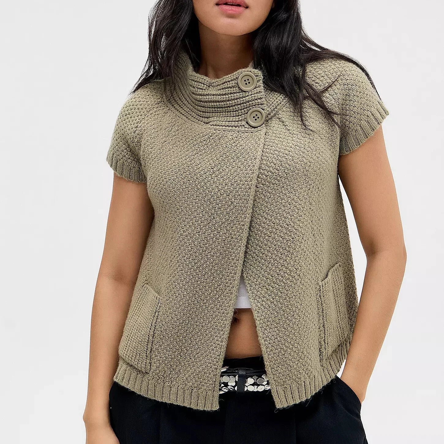 VacationGrabs Knitted Sweater Cardigan Tee Round Neck Short Sleeve Women's Breathable Soft Button Decorated Loose Fit Jumper Top