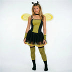 VacationGrabs Women Bumble Bee Halloween Costume Striped Tutu Dress With Bee Wings Antenna Headband Gloves Stockings Cosplay Outfit
