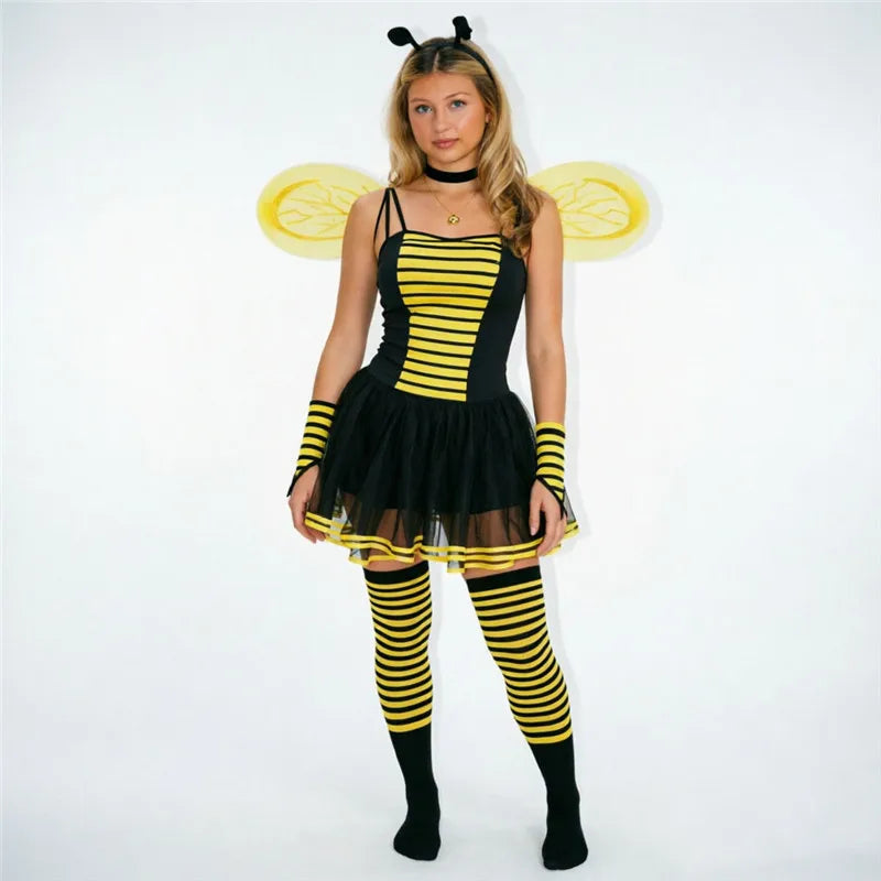 VacationGrabs Women Bumble Bee Halloween Costume Striped Tutu Dress With Bee Wings Antenna Headband Gloves Stockings Cosplay Outfit