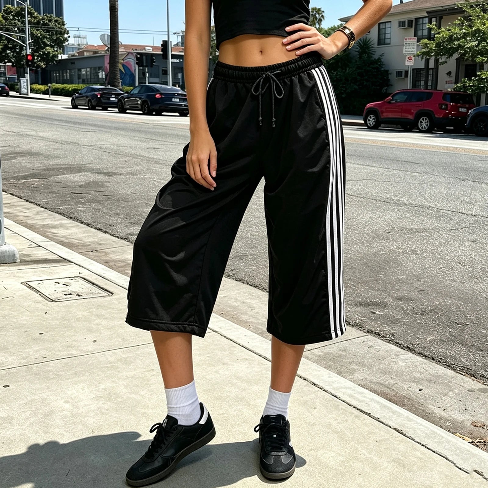 VacationGrabs Women Side Stripes Capri Sweatpants Drawstring Elastic Waist Loose Knee Length Casual Sports Cropped Jogger Pants