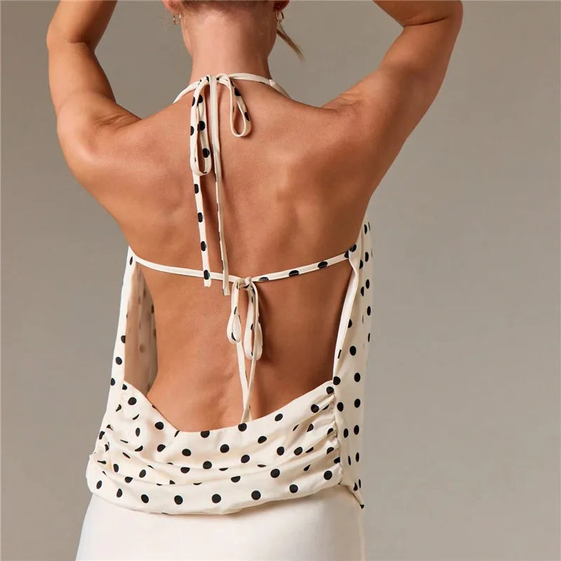 VacationGrabs Women’s Satin Halter Tank Tops Summer Fashionable Dot Print Cowl Neck Backless